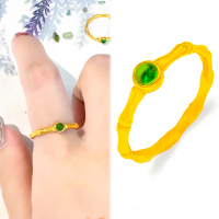 【金喜飛來】買一送金珠 黃金竹節水鑽戒指寶綠色16號香港戒圍(0.62錢±0.05)