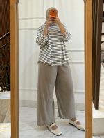 Denacollection Givanka Setelan Celana Polos Kombinasi Salur Rib Knit Baju Wanita Dewasa