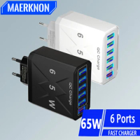 6 Ports USB Fast Charger 65W Multi Port USB Wall Charger For iPhone Samsung Xiaomi Oneplus Quick Charge 3.0 Phone Power Adapter