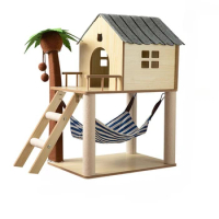 Luxury Cat House Two-Storey Villa Pet Cat Beds Hammock Coconut Tree House Wooden Pet Condos With Stairway Cat Scratching Posts