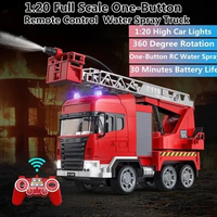 1:20 One Key Remote Control Water Spray Truck 2.4G 360° Console Rotate Lifting Ladder 30Mins LED Lighting fire fighting RC Truck