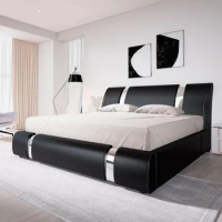 Bed frame, faux leather padded table bed with adjustable headboard, supported by wooden boards, oversized bed frame