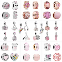925 Silver Rainbow Pink Fine Pendant Flowers Heart Zirconia Beads Fit Original Pandora Charms Bracelets Bangle Women Jewelry