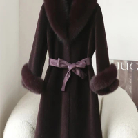 Granulated sheep fleece coat for women's 2023 winter fur collar fur integrated temperament wool coat medium length