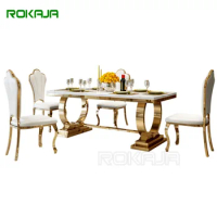American Simple Dinner Table Set For 6 8 10 Seater Royal Marble Stainless Steel Designs Metal Dining Table Living Room Furniture