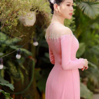 Pink aodai vietnam clothing cheongsam aodai vietnam dress vietnamese traditionally dress 2 pcs long sleeves cheongsam modern