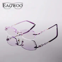 Metal Alloy Acetate Eyeglasses Women Rimless Prescription Reading Myopia Photochromic Glasses Spectacle with Color lenses 073