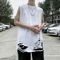夏季港風ins無袖破洞T恤男韓版寬松情侶款上衣坎肩背心打底衫
