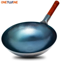 Traditional Chinese wok, Cast Iron Cookware Carbon Steel Round Bottom Wok,Beech Wood Anti-scald Handle, for Kitchen Gas Stove