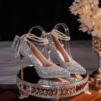 Waterproof Platform High Heels for Women, French Style Wedding Dress Crystal Sequins, Coming-of-Age 