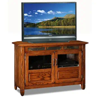 Rustic Oak TV Stand With Slate Details Tempered Glass Doors Media Console Cabinet