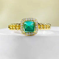 New Product Live Broadcast, New S925 Silver Simulated Emerald 5 * 5 Sugar Tower Ring, Daily Fashion, Simple Style, Niche Fashion