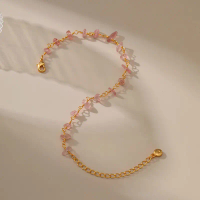 Gelang Tangan, Emas 18K, Batu Kristal Merah Jambu Muda, Rekaan Kerikil, Gaya Gadis Muda Manis, Baran