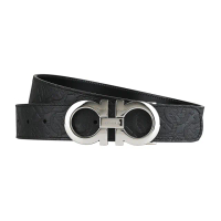 【Salvatore Ferragamo】SALVATORE FERRAGAMO GANCINI金屬LOGO環扣圖案小牛皮雙面釦式皮帶(寬版/黑)