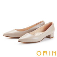 【ORIN】簡約時尚OL 質感羊皮素面尖頭粗跟鞋(可可)