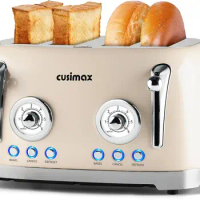 Toaster 4 Slice,Wide Slots for Bagels,Stainless Steel Toaster with 6Toast Settings Dual Independent Control Panels