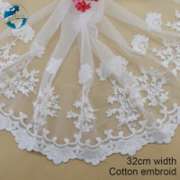 32cm Width White Cotton Embroided Lace Ribbon Guipure Trim DIY Wedding Accessories Dolls Lace African French Lace Applique#3189