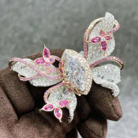 925 silver gold-plated ring, high carbon diamond/Anna Hu designer Xiangtai butterfly three-wear ring