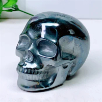 Natural Terahertz Skull Carving Sculpture, Healing Gemstone, Crystal Crafts for Home Decoration, Ornament, 1Pc, 8cm