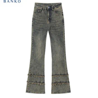 American Retro Blue Flare Jeans Classical High Waist Slim Bell Bottoms Gyaru Fashion Denim Trousers Raw Edge High Street Simple