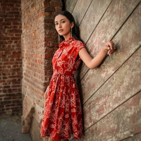 Batik Keris Dress Batik Cap Midi Krah Lengan Stali & Tali Pinggang Variasi Motif Sibo Langit S Off W