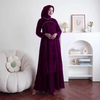 Busana Butik Muslimah Terbaru Aruna Dress Tille Puring Mix Brukat Aplikasi Payet Mutiara Mewah Dress