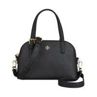 【TORY BURCH】TORY BURCH Emerson雙T小LOGO壓紋防刮牛皮拉鍊手提斜背貝殼包(迷你/黑)