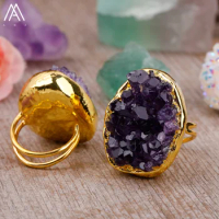 Fashion Women Geode Amethyst Open Rings Healing Crystals Ring Luxury Gold Gemstones Finger Ring Teengilrl Birthday Jewelry Gift