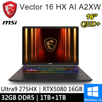 微星 Vector 16 HX AI A2XWIG-014TW-SP5 16吋 灰(Ultra 9 275HX/32G/1TB+1TB/RTX5080 16G/W11)特仕版