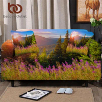 BeddingOutlet Mountain Couch Cover Pink Flowers Sofa Cover Autumn Landscape Stretch Slipcover 3D Printed Nature Chair Protector