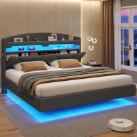 Floating Bed Frame King Size with Type-C Charging Station&amp; Hidden Storage Headboard, King RGB Floating Platform Bed,