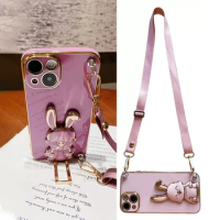 Rabbit Bracket Crossbody Lanyard Case For iPhone 14 13 12 11 Pro Max X XR XS 7 8 Plus SE2 Mini Plating Stand Silicon Phone Cover