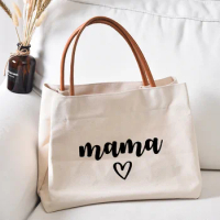 Mama Heart Women Canvas Mom Grandma Nana Mimi Gigi Gift for Mother's Day Baby Shower Beach Travel Customize Tote Bag