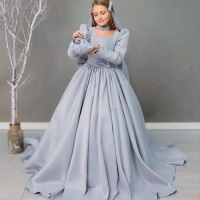 Elegant Gery Flower Girl Dresses For Wedding Satin A Line Square Neck Long Sleeves With Bow Birthday Party Children Ball Gowns