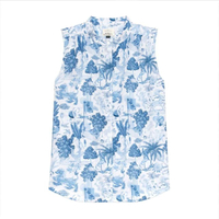 เสื้อทรงคอจีน Jim Thompson x Nakrob Moonmanas Linen Sleeveless Mandarin Top - Blue