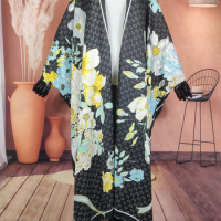 Dubai Popular 2022 Floral Silk Bohemian Summer Beach kaftan Kimonos For Lady American Women's Swimwear Cardigans For Holiday
