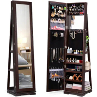 TWING 360° Rotating Jewelry Armoire with Full Length Mirror, Revolving Full Body Mirror Makeup Jewelry Cabinet Standing Jewelry