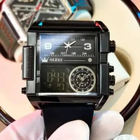 OLEVS Jam Tangan Pria Original Anti Air Kulit Analog Digital Multifungsi LED Men Watch - Hitam
