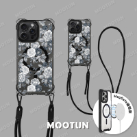 【MOOTUN沐盾】iPhone15 14 13 Pro Max 磁吸掛繩手機殼MagSafe 黑白玫瑰黑框(附手機掛繩)
