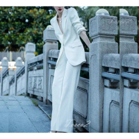 Tesco White Elegant Suit V-Neck Blazer And Wide Leg Pants 2 Piece Formal Outfits For Evening Party Female Pant Sets 2024