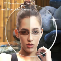 1.67 Prescription Photochromic Gray Lens Transparent Anti Blue Light Computer Glasses Women Men Myopia Reading Eyeglasses Lens
