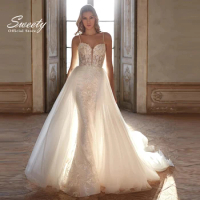 Luxury Detachable 2 In 1 Wedding Dress Embroidered Lace On Net With Square Collar Spahrtti Strap Sleeveless Vestido De Novia
