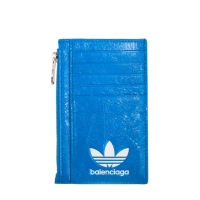 【Balenciaga 巴黎世家】Balenciaga X adidas 限量聯名三葉草LOGO皮革拉鍊卡片零錢包(藍色)