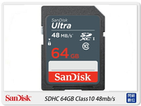 【免運費，送記憶卡收納盒】Sandisk Ultra 64GB/64G SDHC Class10 記憶卡(SDSDUNB-064G，公司貨)SDXC SD