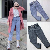 Celana jeans boyfriend wanita highwaist Santai Slim-fitting Polos Panjang Hitam Cewek Denim Dewasa