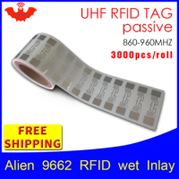 UHF RFID tag sticker Alien 9662 EPC6C wet inlay 915mhz868mhz860-960MHZ Higgs3 3000pcs free shipping adhesive passive RFID label