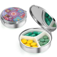 1Pc 3 Compartments Pill Case with Mirror, Medicine Storage Box Pill Dispenser for Travel &amp; Work