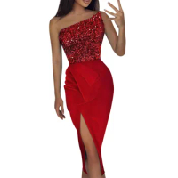 Sexy One Shoulder Dress Solid Color Sequin Slit Long Dress Waist Up Evening Party Dress Gala Dresses Woman Elegant Gowns Robe