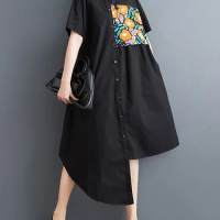 XITAO Asymmetrical Single Breasted Print Dresses Turn-down Collar Patchwork Pocket Loose Shirt Dress 2024 Summer New ZY8674