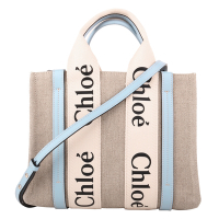 CHLOE WOODY 系列字母LOGO 帆布手提/斜背兩用包(藍槓x米白)小款
